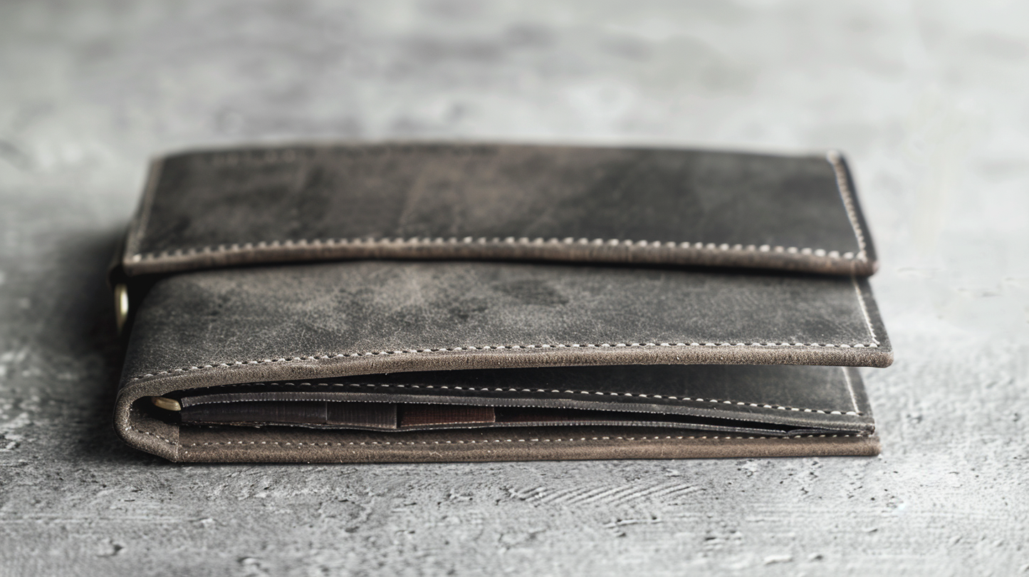 Portefeuille femme en cuir dans un fond gris professionel
