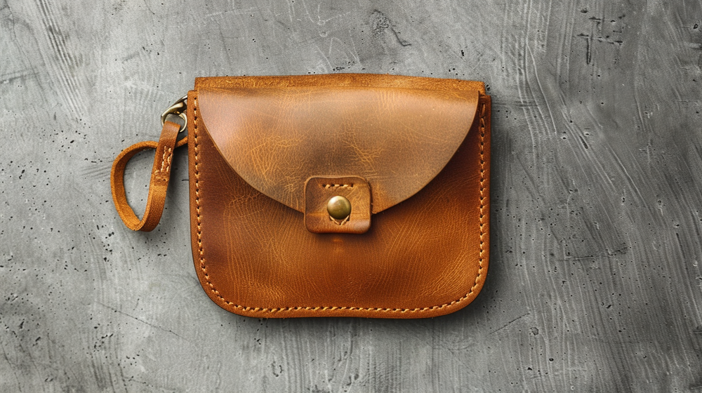 porte monnaie pour femme en cuir dans un fond gris professionel 