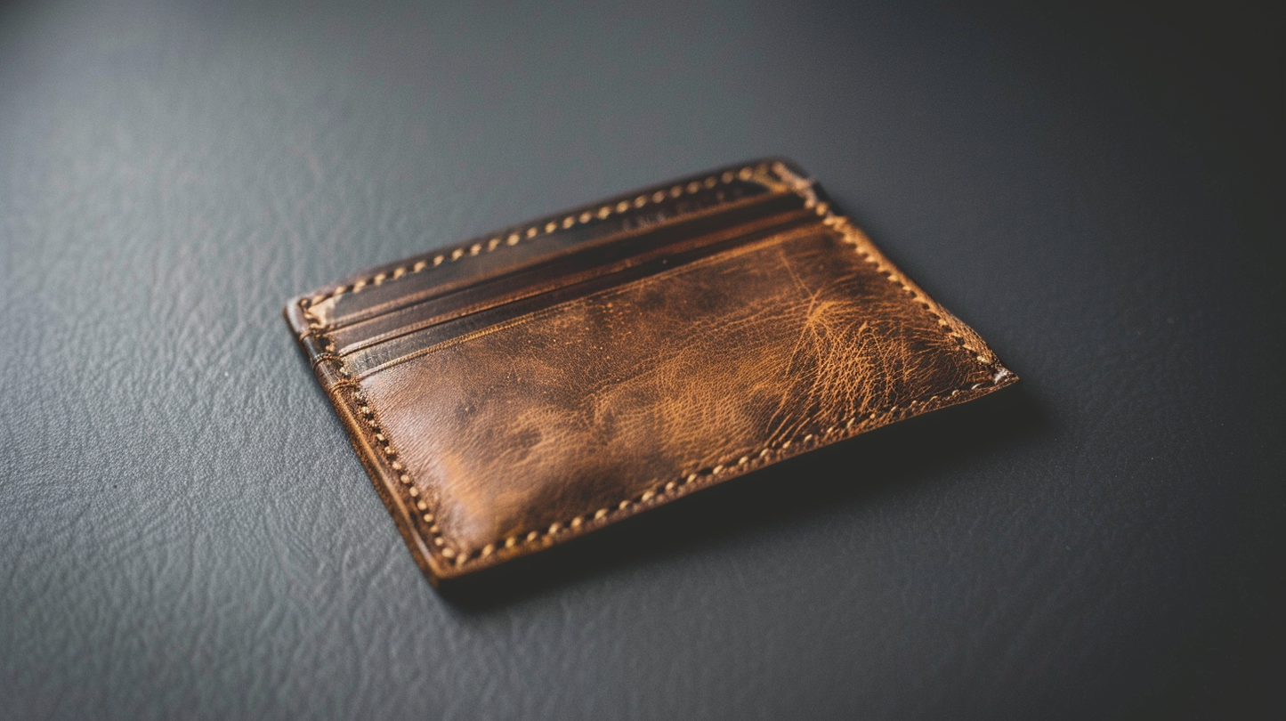 un porte carte en cuir dans un fond gris professionel