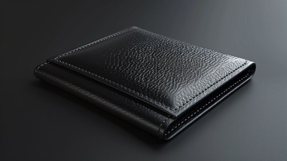 un portefeuille homme cuir dans un fond gris professionel