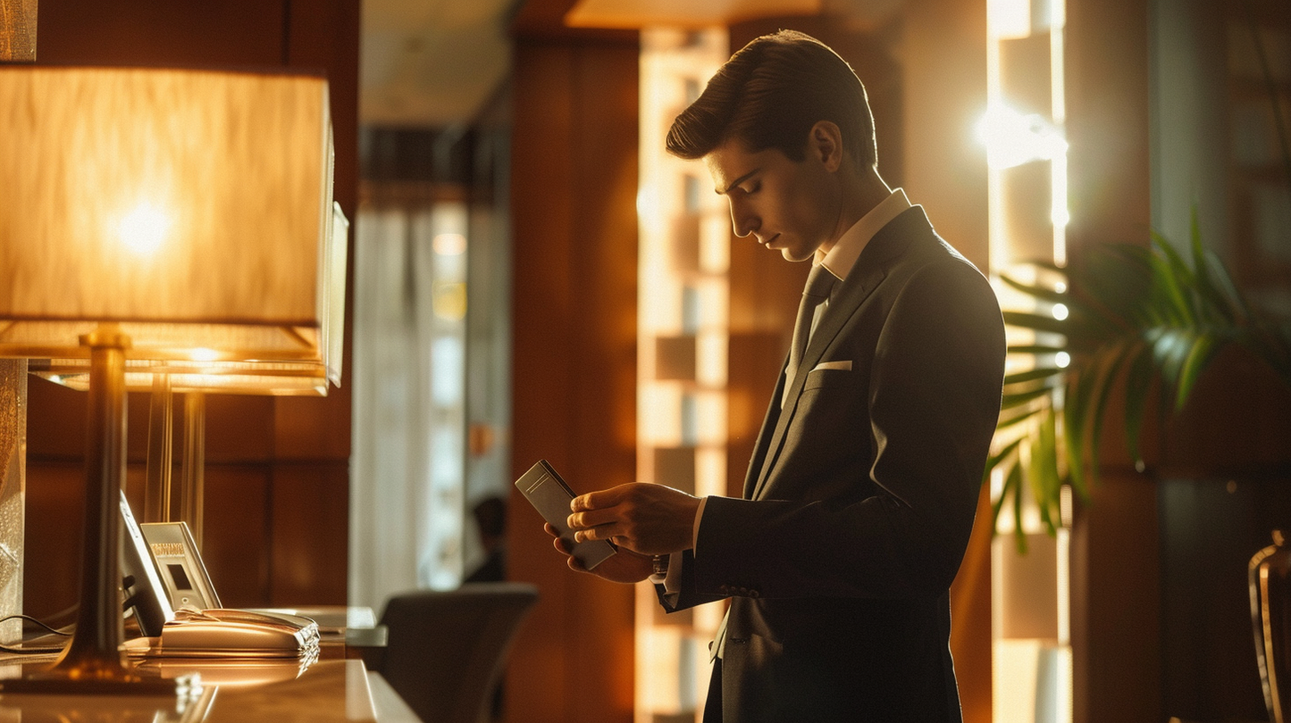 un homme élégant utilisant son portfeuille en cuir afin de payer à lhotel