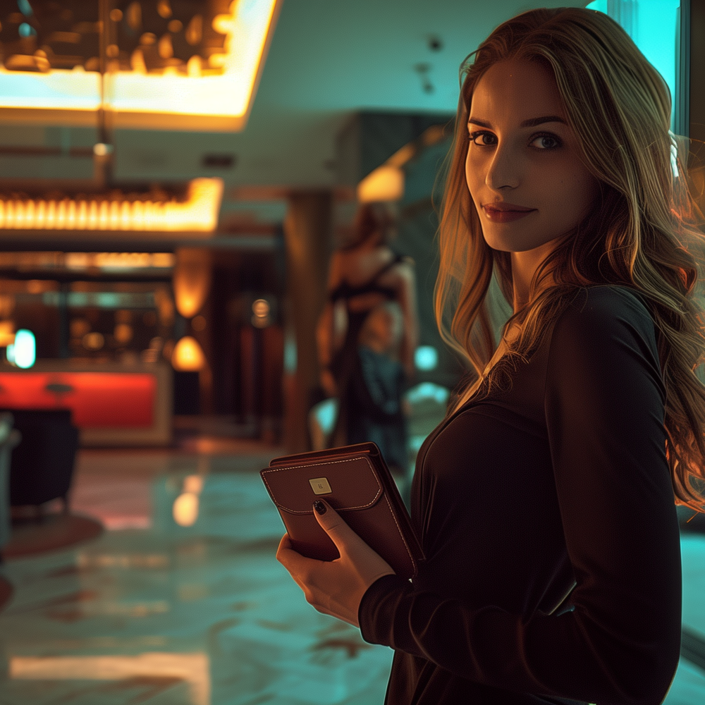une femme avec sa pochette portefeuille dans un hotel classe et elegant