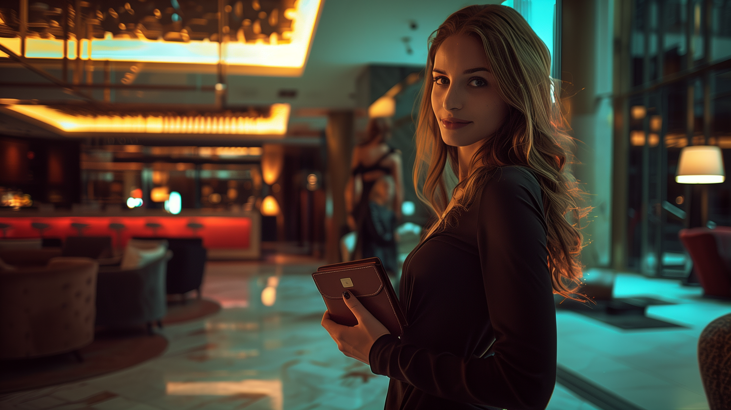 une femme avec sa pochette portefeuille dans un hotel classe et elegant
