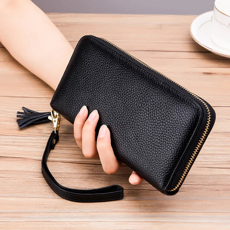 Grand Portefeuille Femme Cuir PU Élégant ELIOX - 18x11x4 Cm, 8 Cartes, 2 Compartiments Zippés, Idée Cadeau Noël Anniversaire, Noir