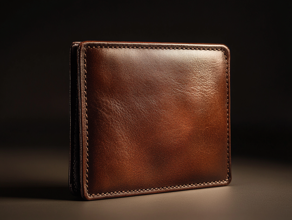 portefeuille en cuir marron dans un fond noir professionel